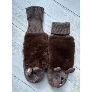 Cat Mittens Brown Cat Double Cuffs Faux Fur Embroidered NWOT